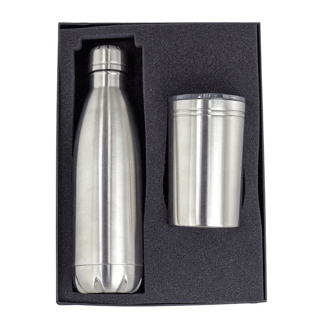 A drink bottle and tumbler set in stainless steel, presented in a black gift box with foam insert.