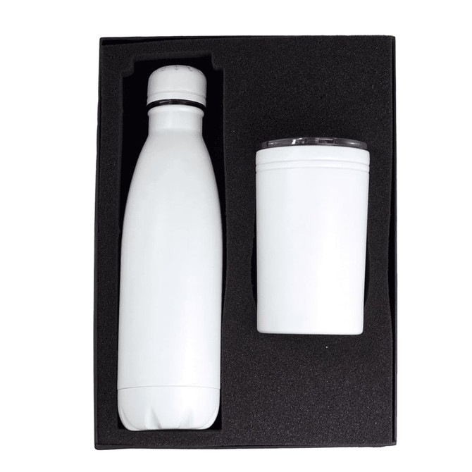 A drink bottle and tumbler gift set in white, presented in a black gift box with foam insert.