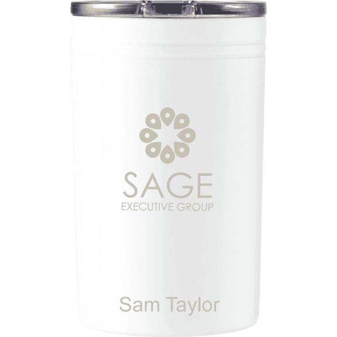 A white tumbler with a silver lid, featuring a logo and text on the side.