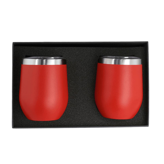 A set of two red insulated cups with stainless steel rims, displayed in a black gift box.