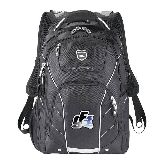 A black High Sierra Elite Fly-By 17" backpack with multiple compartments, zippers, and a logo.