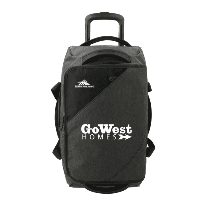 A wheeled duffel bag in black with a logo, featuring a retractable handle and side straps for easy carry.
