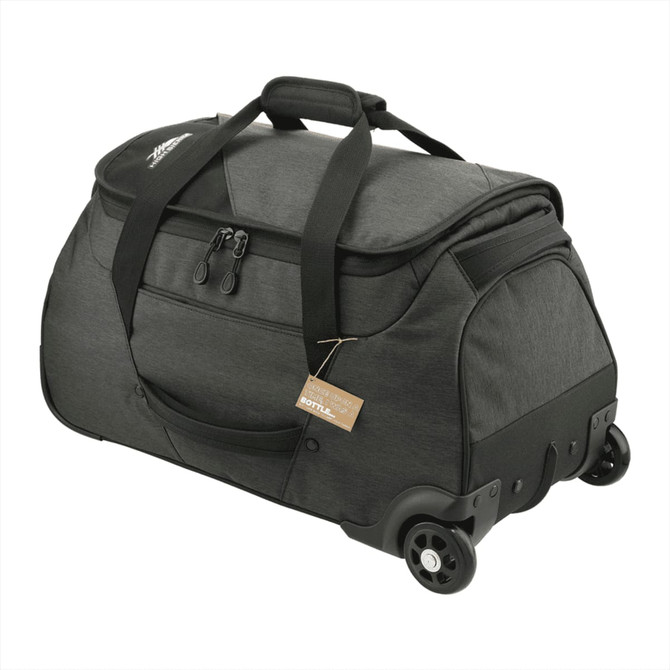 A wheeled duffel bag in charcoal grey with dual handles and a zippered front pocket. Features a logo.