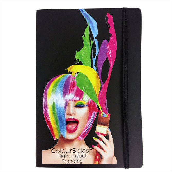 A black soft bound journal with a vibrant, multi-coloured hair design and a branding logo.