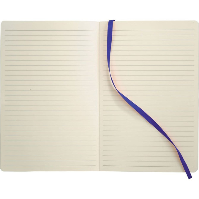 A soft bound journal with lined pages and a purple ribbon bookmark. The interior is untouched and ready for use.