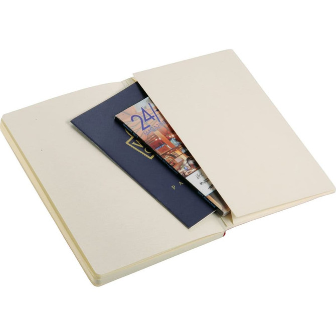 A soft bound journal in cream colour, featuring an open cover with a pocket and inserted items.