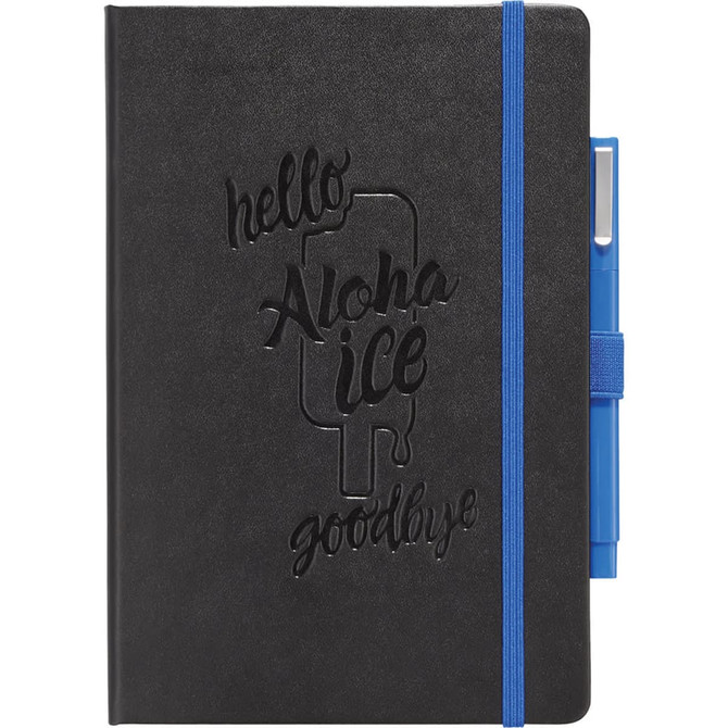 A black journal notebook with an embossed design and a blue pen attached. It features a colour-coordinated elastic band.