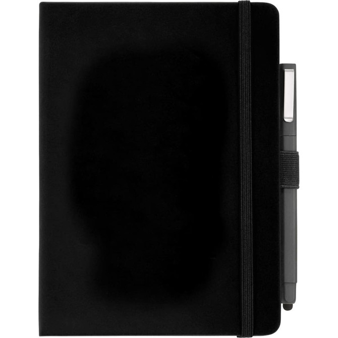 A black hardbound journal with an elastic band and a pen holder attached. It features a logo.