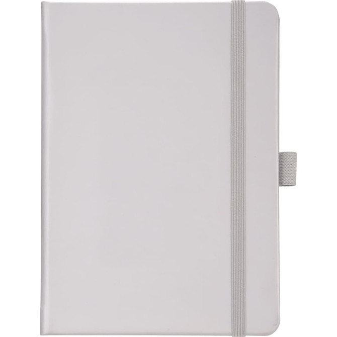 A grey hard-bound journal with an elastic closure and a ribbon bookmark, featuring a logo on the cover.