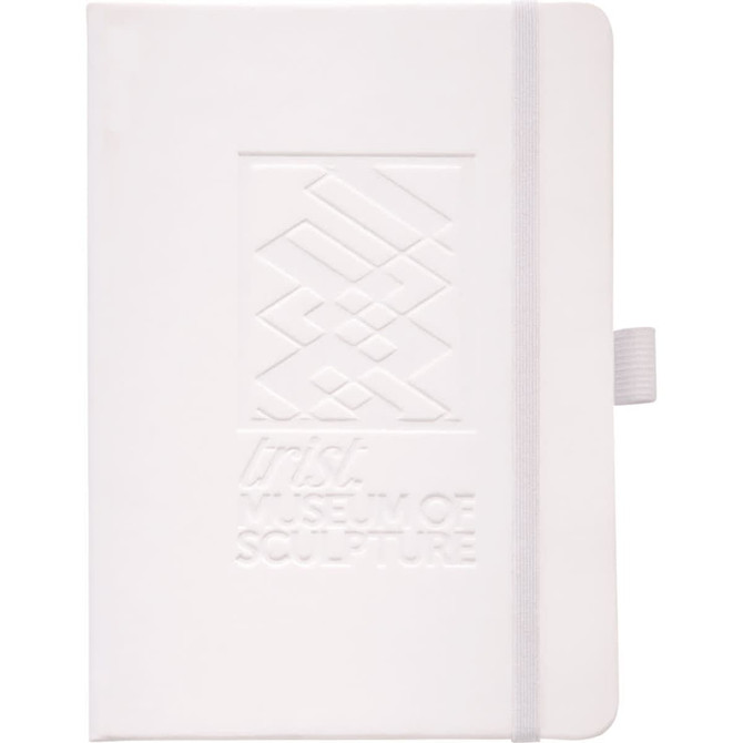 A white hard-bound journal with an embossed design and a ribbon closure. It features a logo on the cover.