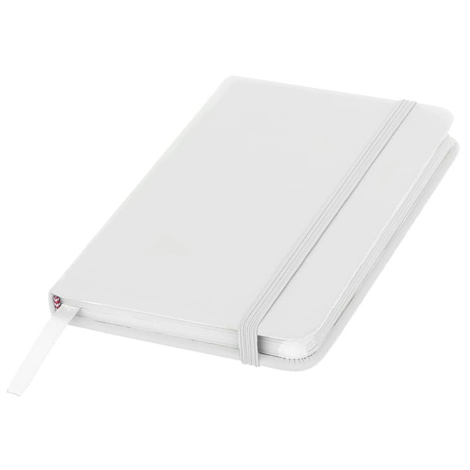 A white pocket notebook with a ribbon bookmark and an elastic band closure. It features a logo on the cover.