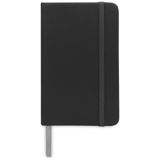 A black pocket notebook with a grey elastic band and a bookmark, featuring a logo on the cover.