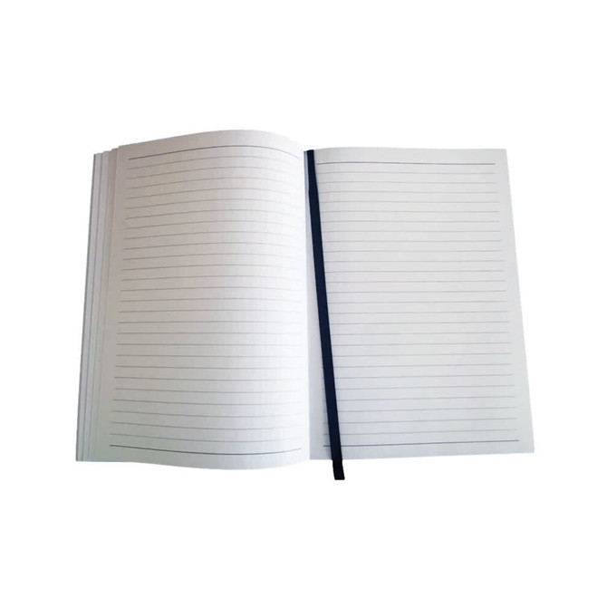 A blank notebook with lined pages, featuring a black elastic band for closure. The cover is absent in this view.