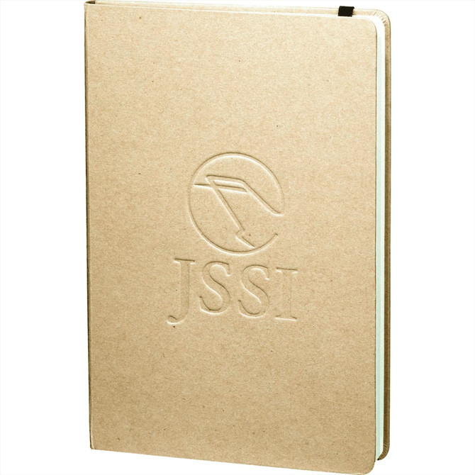 A tan, recycled journal with an embossed logo on the cover, featuring a black ribbon marker.