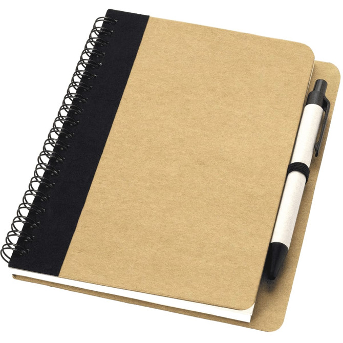 A brown notebook with a black spine and a matching ballpoint pen, featuring a logo on the cover.