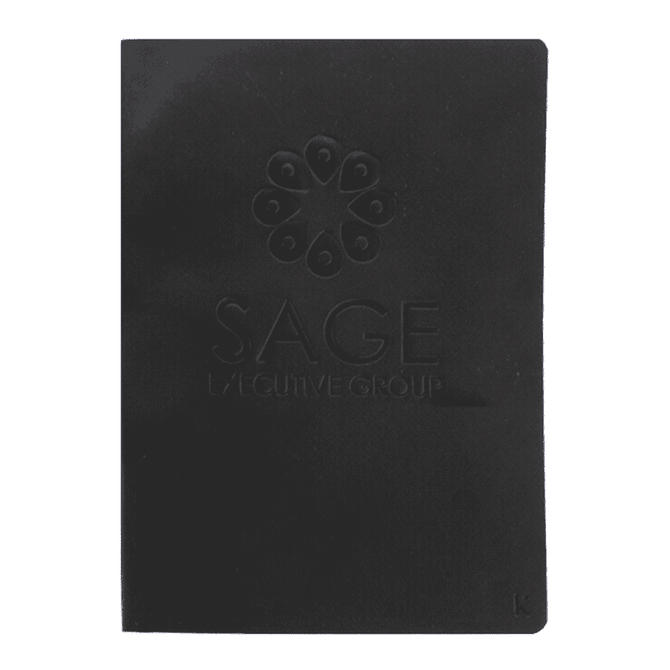 A black softcover notebook featuring a circular logo and embossed text on the front cover.