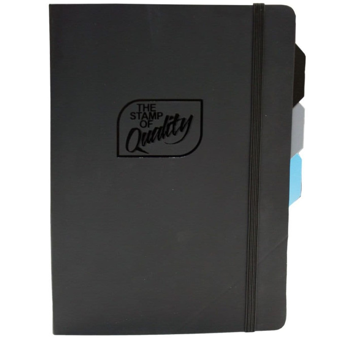 A black notebook with an elastic band closure and coloured tab dividers, featuring a logo on the front cover.
