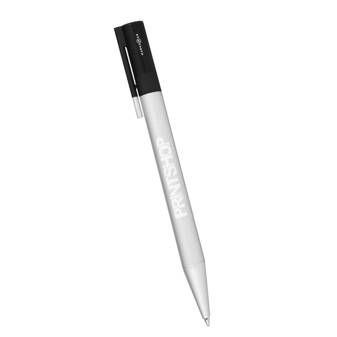 A silver ballpoint pen with a black clip and a branding logo. The pen features a sleek, modern design.