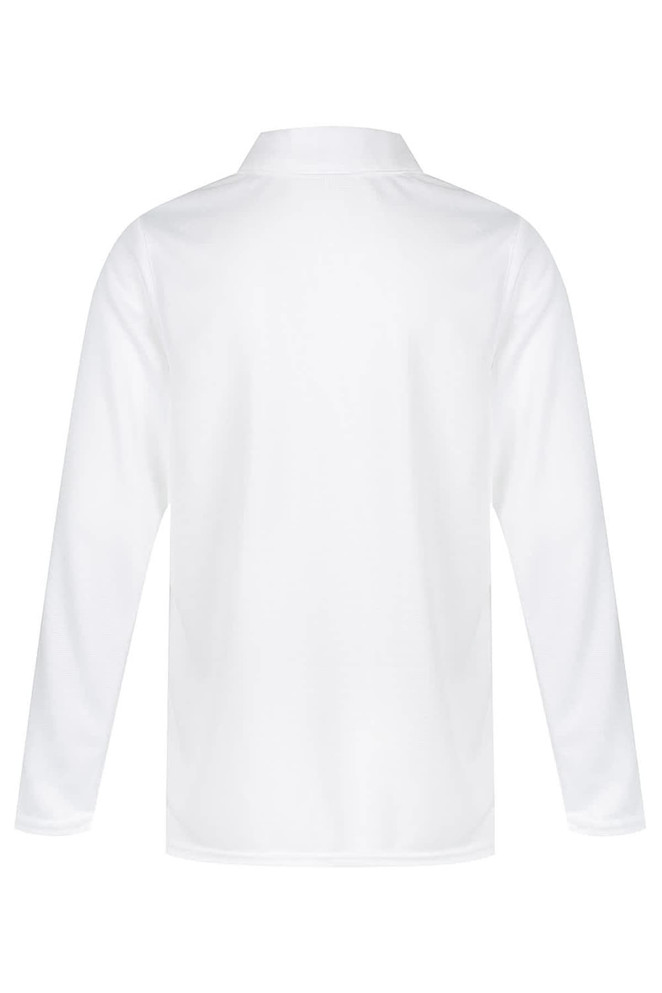 A white long-sleeve polo shirt with a classic collar and a plain back design. It features a logo.