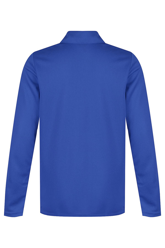 A blue long-sleeved polo shirt featuring a collar and a smooth texture. It has a logo on the front.