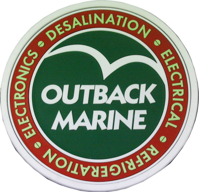 A round custom PVC coaster in green and white featuring a logo with red and white text around the edge.