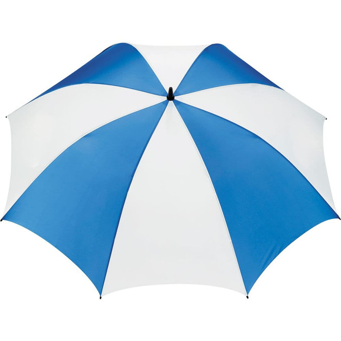 A blue and white golf umbrella with a large, spacious canopy and a central handle, featuring a logo.