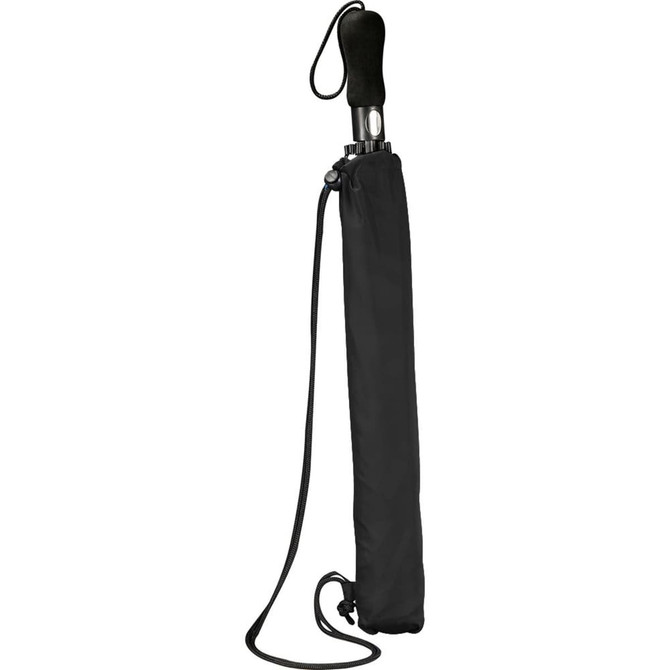 A black vented folding umbrella with a sleek handle and a protective sleeve, featuring a logo.