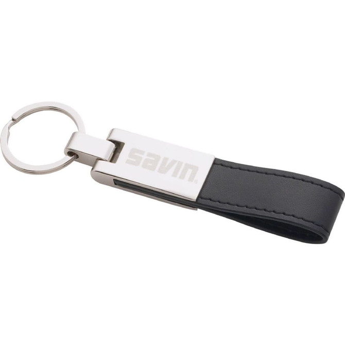 A silver key ring with a black faux leather strap and a logo on the metal part.