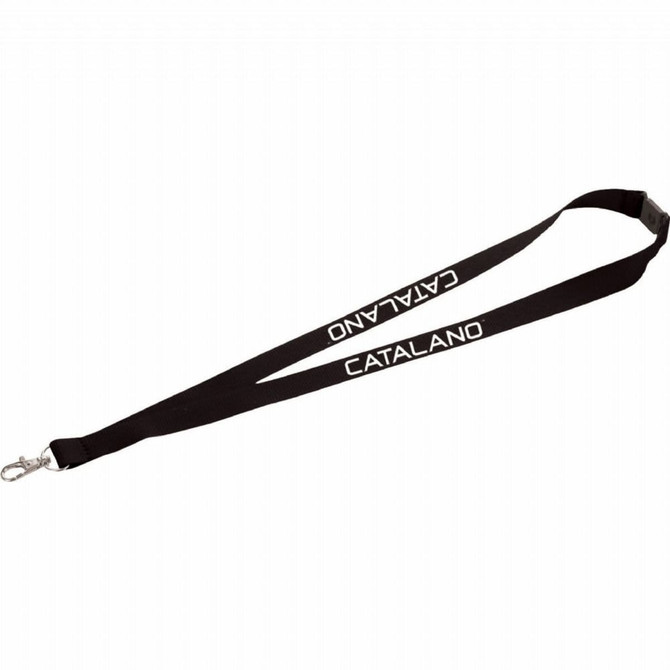 A black lanyard with a lobster clip and a logo printed on it. Ideal for exhibitions and events.