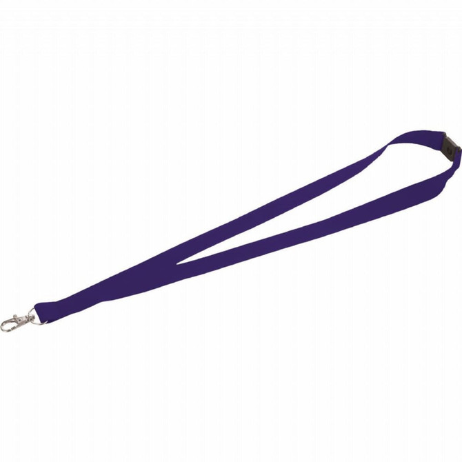 A purple lanyard with a lobster clip at one end and a branding logo on the clip.