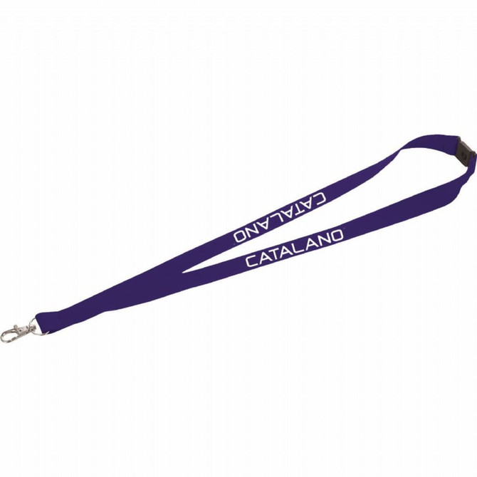 A purple lanyard featuring a lobster clip and a logo, designed for exhibitions and events.