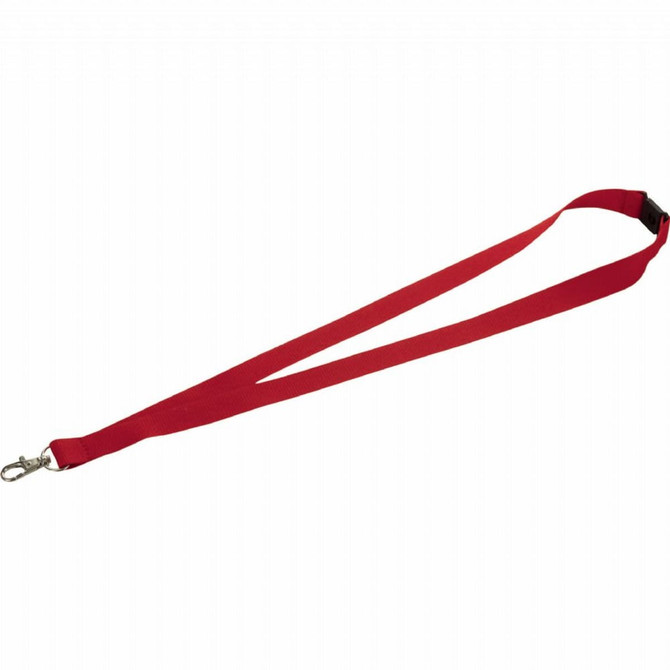 A red lanyard with a lobster clip, featuring a simple design and smooth fabric. It has a branding logo attached.