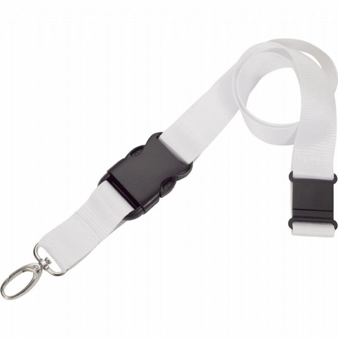 A white lanyard with a black clip and attachment hook, designed for carrying ID cards or small items.