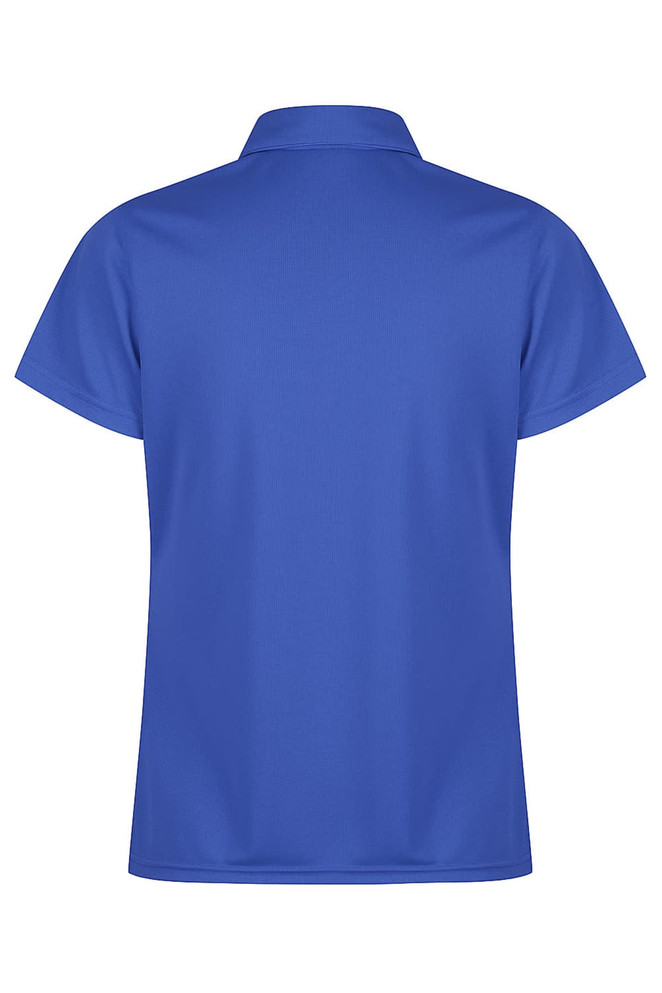 A blue polo shirt with short sleeves and a collar, featuring a small logo on the back.