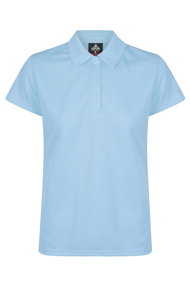 A light blue women's polo shirt with a classic collar and a fitted design. The shirt features a logo.