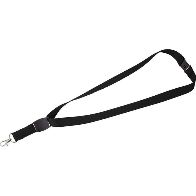 A black lanyard with a flat panel and a clip attachment, designed for holding ID cards or badges.