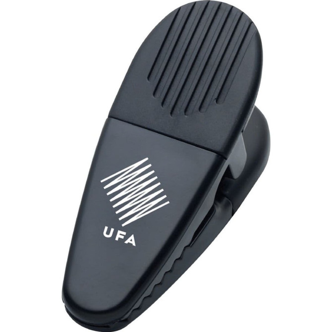 A black magnetic memo holder/clip with a textured grip and a logo. Suitable for office use.