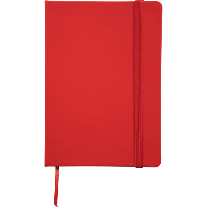 A red 5 x 7 inch notebook with an elastic closure and a ribbon bookmark. Features a plain cover and a logo.