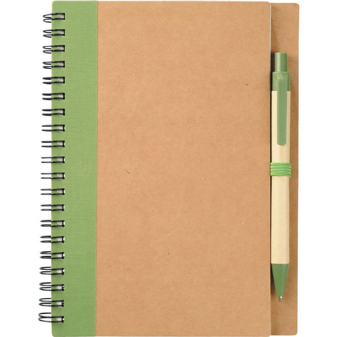 A brown spiral notebook with a green accent and a matching green pen attached. It features a logo on the cover.