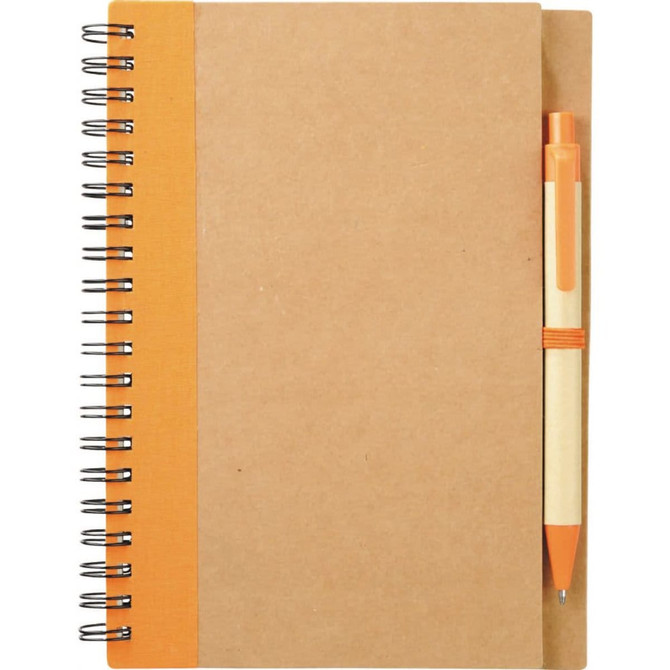 A spiral notebook in brown with an orange band and an accompanying orange pen. It features a simple design and branding.