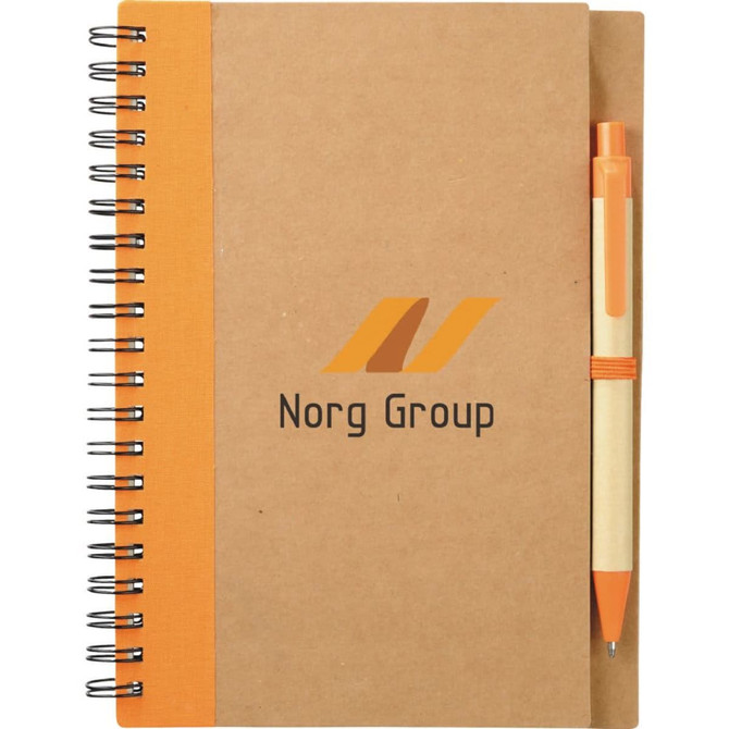 A brown spiral notebook with an orange pen attached, featuring a logo on the front cover.