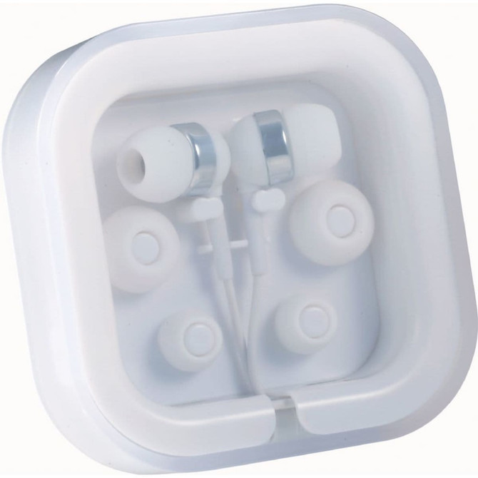 White Colour Pop Earbuds in a clear case, featuring multiple ear tips and a logo.