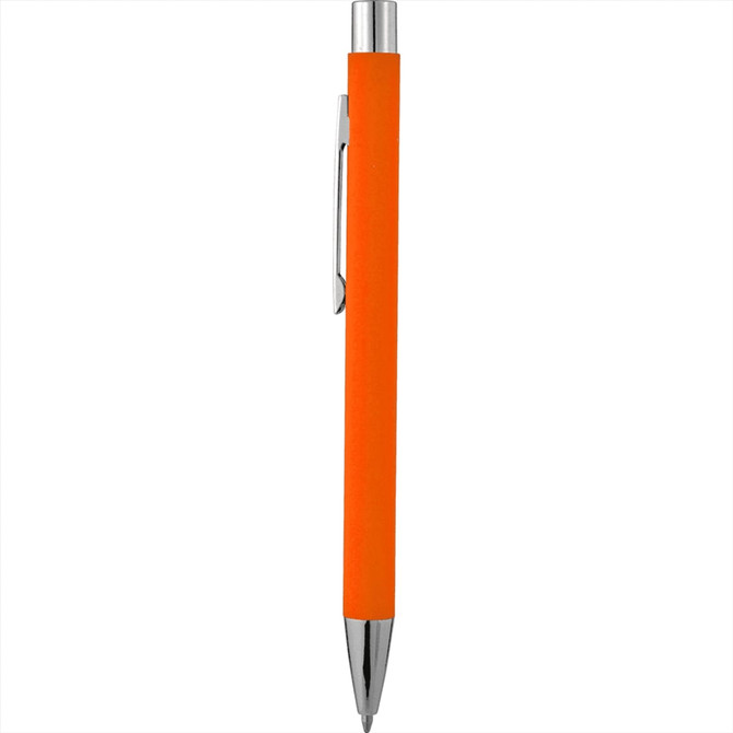 An orange metal pen with a soft touch finish and a chrome clip. The pen features a logo on its barrel.