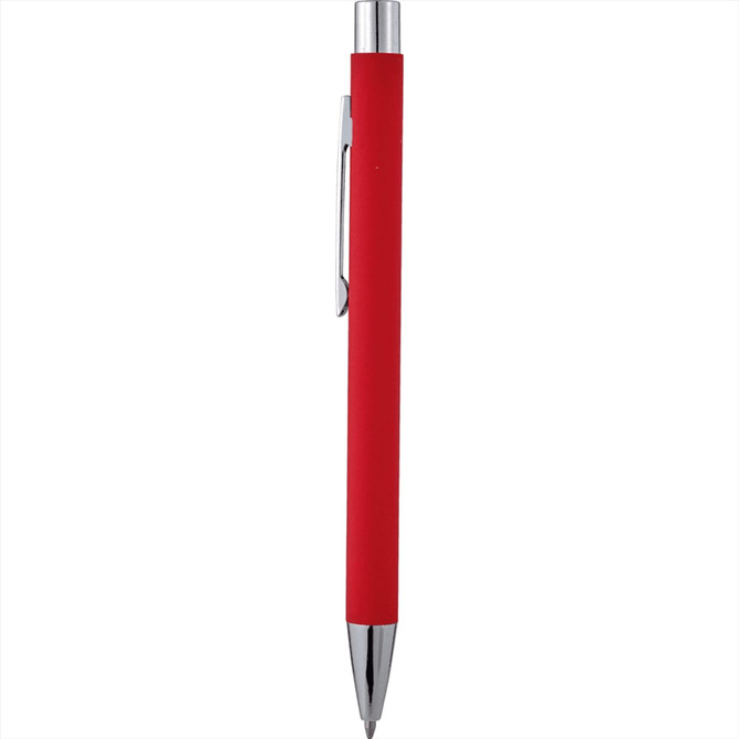 A red soft touch metal pen with a silver clip and tip, featuring branding.