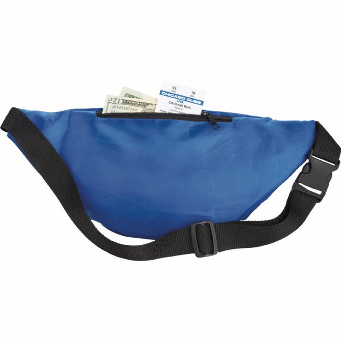 A blue bum bag with a zippered pocket containing cash and a card. It features an adjustable strap and a logo.