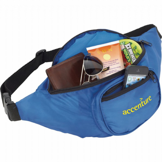 A blue fanny pack containing sunglasses, a wallet, a phone, and a brochure, featuring a logo.