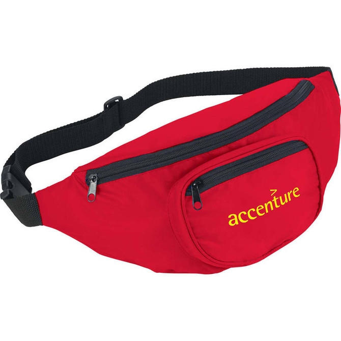 A red fanny pack with a front zip pocket and a logo. Features an adjustable strap for comfort.