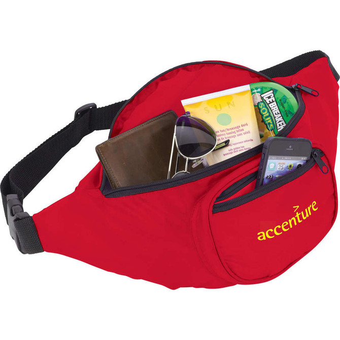 A red fanny pack with multiple compartments containing a wallet, sunglasses, papers, and a mobile phone. It features a logo.