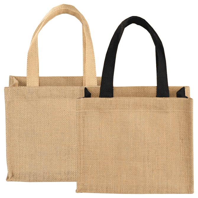 A jute tote bag featuring a natural tan colour with black handles and a simple design. It has a logo on one side.