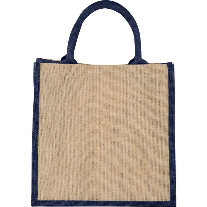 A medium jute gift tote in natural burlap with navy blue handles. Includes a logo on the front.